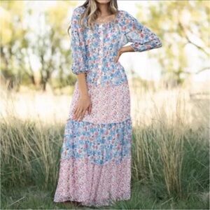 Anthro Fig & Flower Long Sleeve Floral Smocked Tiered Boho Peasant Maxi Dress L